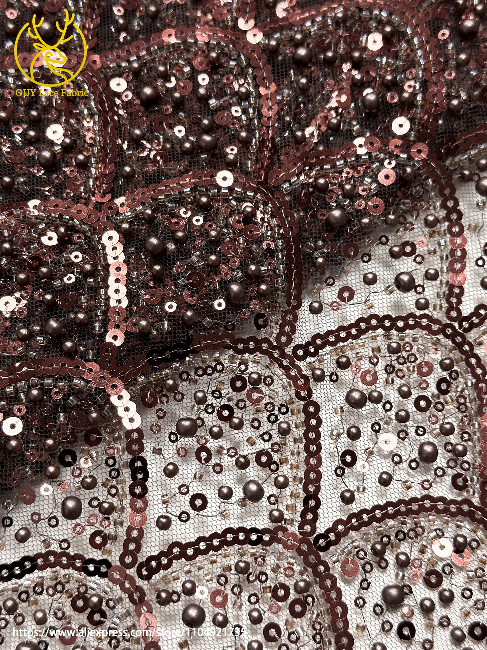 Burgunderroter afrikanischer Perlenstickerei-Mesh-Spitzenstoff, eleganter nigerianischer französischer Pailletten-Tüll-Spitzenstoff für Frauen, Partykleider – Detail 21