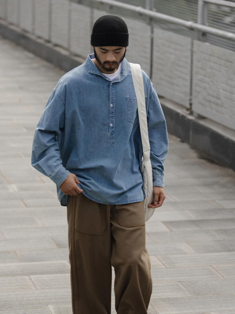 

Retro Washed Light Blue Denim Shirt Men's Overhead Japanese Style Workwear Long Sleeve Top Trendy And Handsome Casual Breatha...