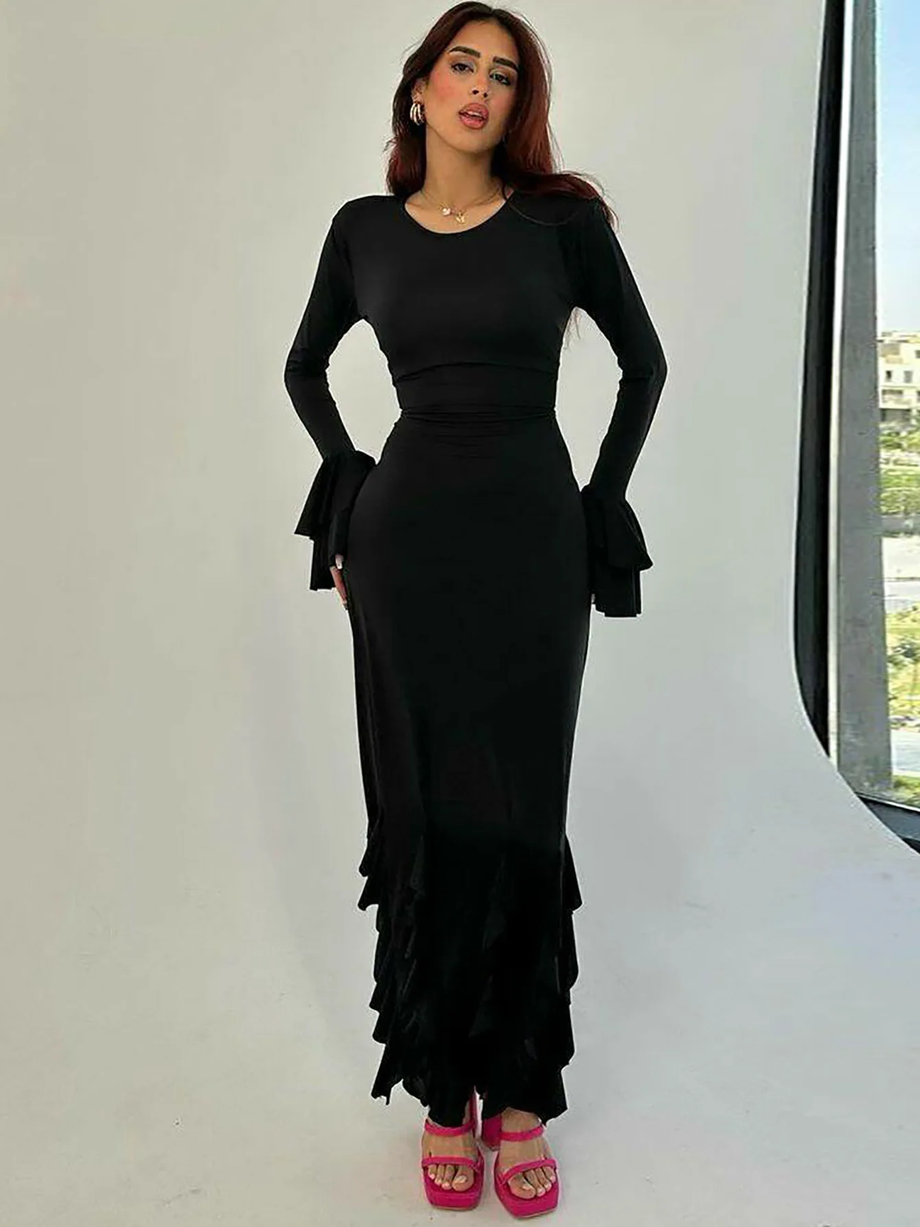 فساتين نسائية بوهو ربيع محبوك مضلع كولوربلوك رقبة قارب سليم صالح ملابس الشارع العصرية مجموعة فتاة باردة التنقل الحضري