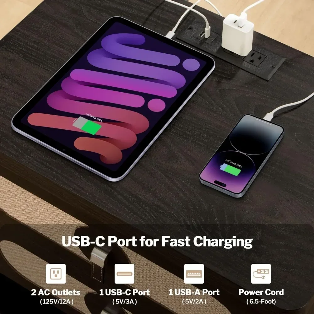 Juego de 2 mesitas de noche con estación de carga y puerto USB-C Mesitas de noche grandes de 24