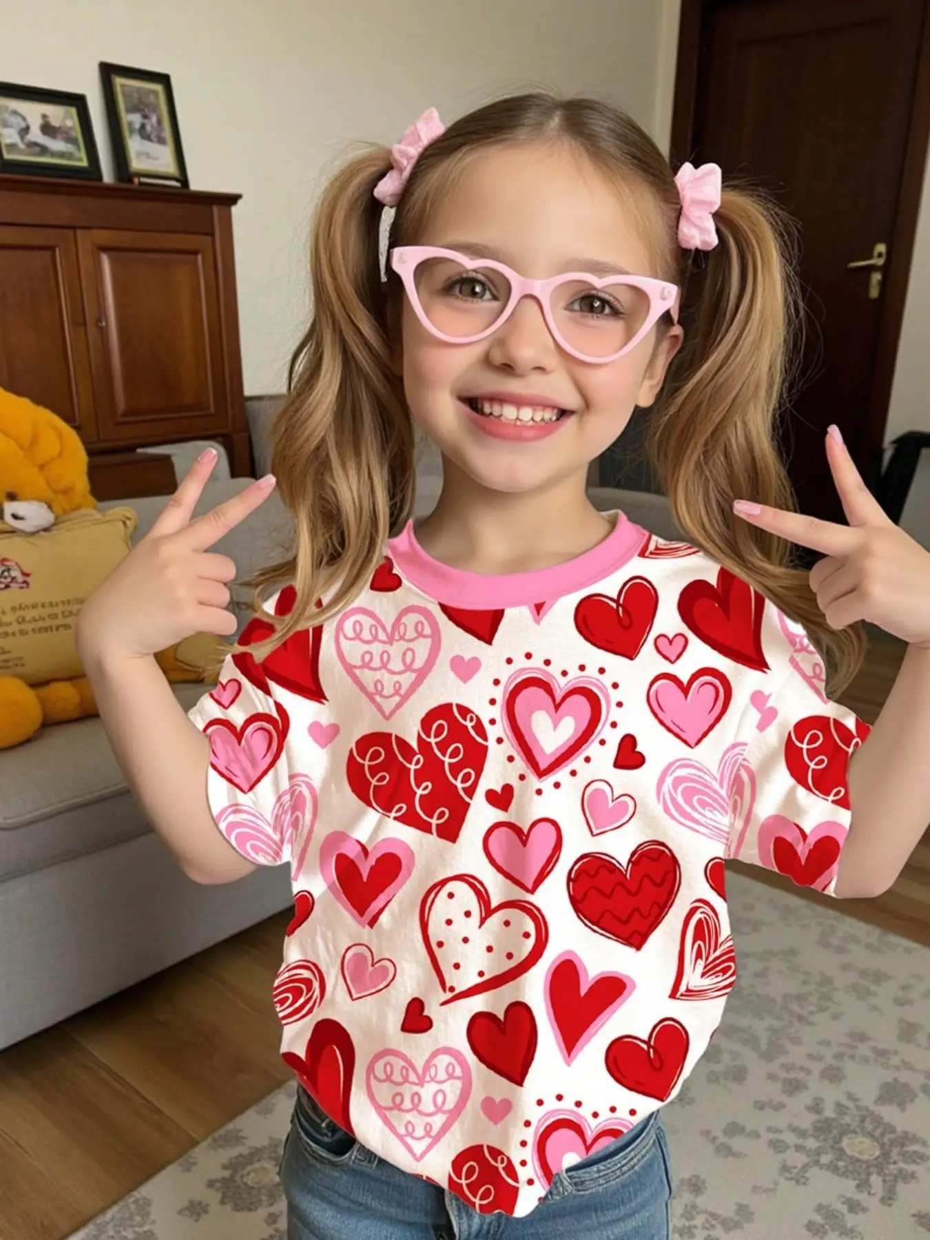 Girls' Summer Short-Sleeved T-Shirts with Heart Prints in Various Colors, Suitable for Girls Aged 5-13, Comfortable for Home and Leisure, Versatile and Fashionable Clothes for Going Out