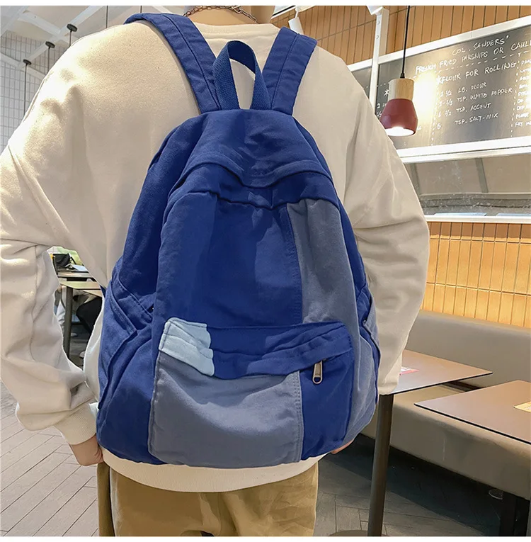 Contrast Color Block Canvas Backpack Large Capacity Casual School Travel Rucksack for Student Daily Use