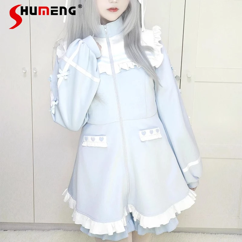 

Оригинальный новый Y2K Subculture, осенне-зимние толстовки на молнии с длинными рукавами, свитшот цвета морской волны и шорты, комплект из двух предметов + кружевная повязка на голову