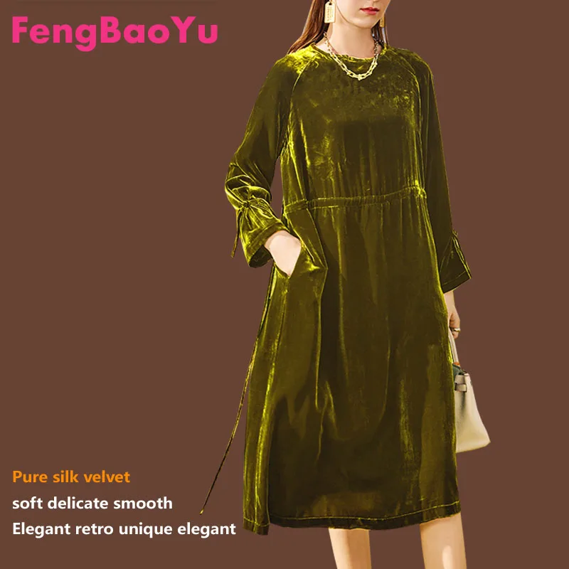 Fengbaoyu Silk Velvet Apring Summer Lady Round Collar High Waist Bandage Warm Long Sleeve Dresses on Sales with Free Shipping