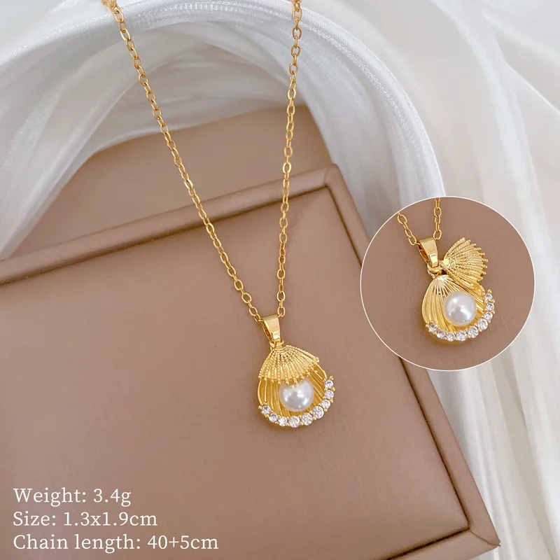 DIEYURO 316L Stainless Steel Double Layered Shell Pearl Zircon Pendant Necklace For Girl New Fashion Clavicle Chain Jewelry Gift
