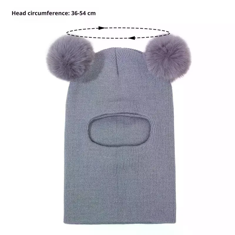 Topi Syal Terpadu Bola Ganda Anak-Anak, Topi Balaclava Lucu untuk Anak Laki-Laki dan Perempuan, Topi Wol Bola Pompom Musim Gugur Musim Dingin