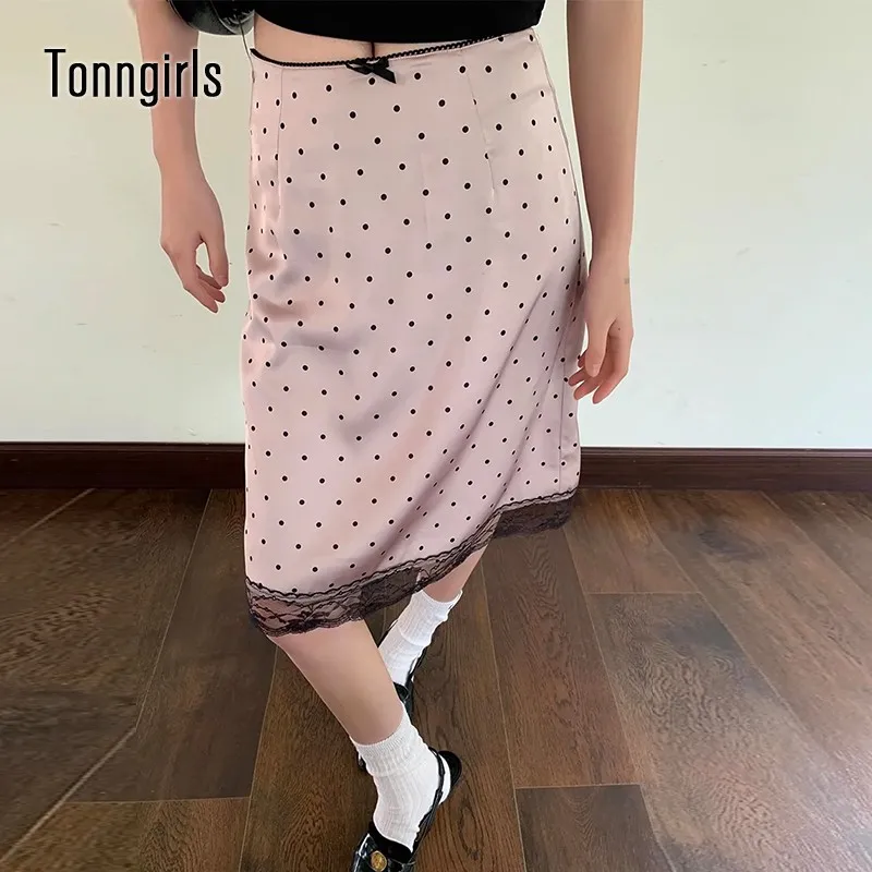 Tonngirls Vintage Dot Skirts Women Lace Patchwork High Waist A Line Skirt Y2k Fairycore Skirts Elegant 2000s Japanese Summer