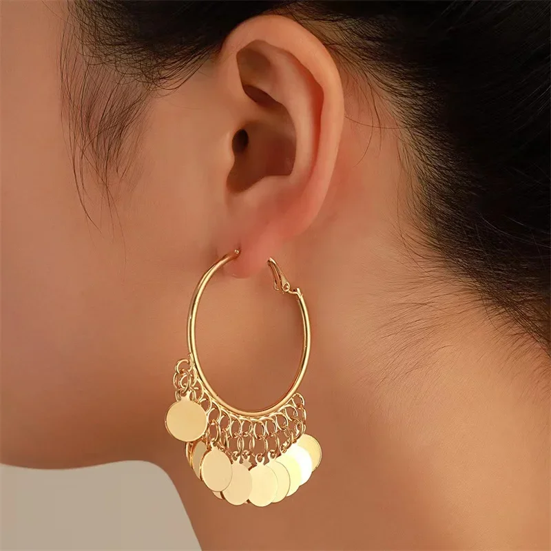 2024 New Fashion Golden Sequins Metal Tassel Hoop Earrings Luxury Trendy Temperament Earrings for Women Jewelry Gifts Wholesale