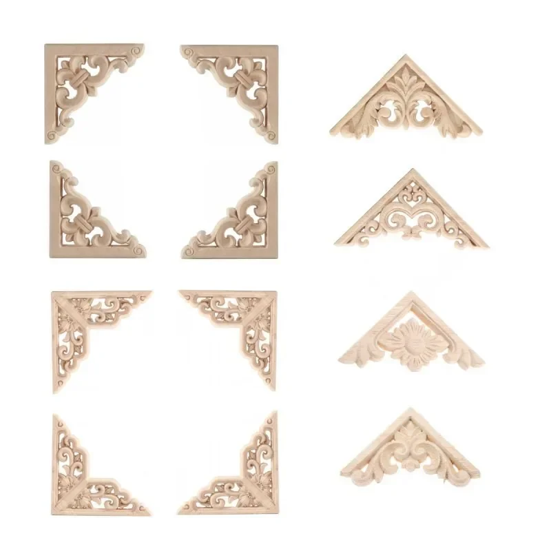 4PCS Chinese Carving Solid Wood Appliques for Furniture Cabinet Unpainted Wooden Mouldings Decal Vintage Home Decor Decorative