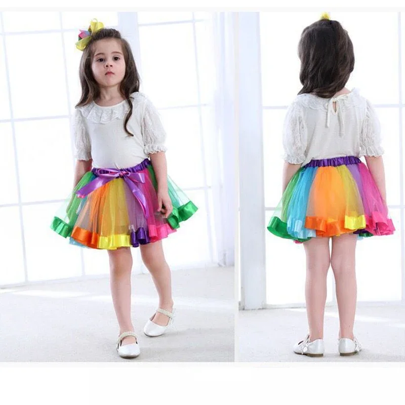 New Summer Fashion Girls Rainbow Skirt Mesh Colorful Ballet Short Skirt Dance Performance Puffy Skirt for Kids Birthday Party