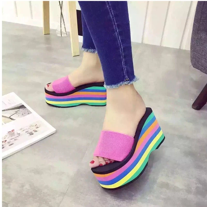 Summer Wedge Slippers Women Platform Sandals Rainbow Beach Flip Flops Home Slippers Open Toe 9cm High Heels Women Shoes Casual