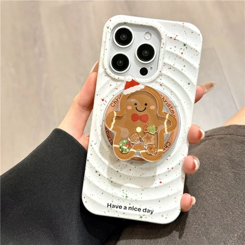 Ripple Splashing ink Magsafe Wireless Charge Case For iPhone 13 14 15 16 Pro Max Christmas Tree Gingerbread Man Magnetic Stand