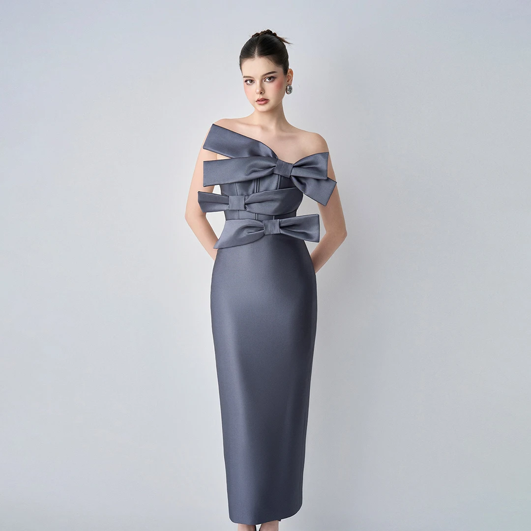 Elegant Dark Grey Satin Maxi Party Dress Ankle Length Long Mermaid Casual Dresses Strapless With Bow Evening Dresses Office Lady