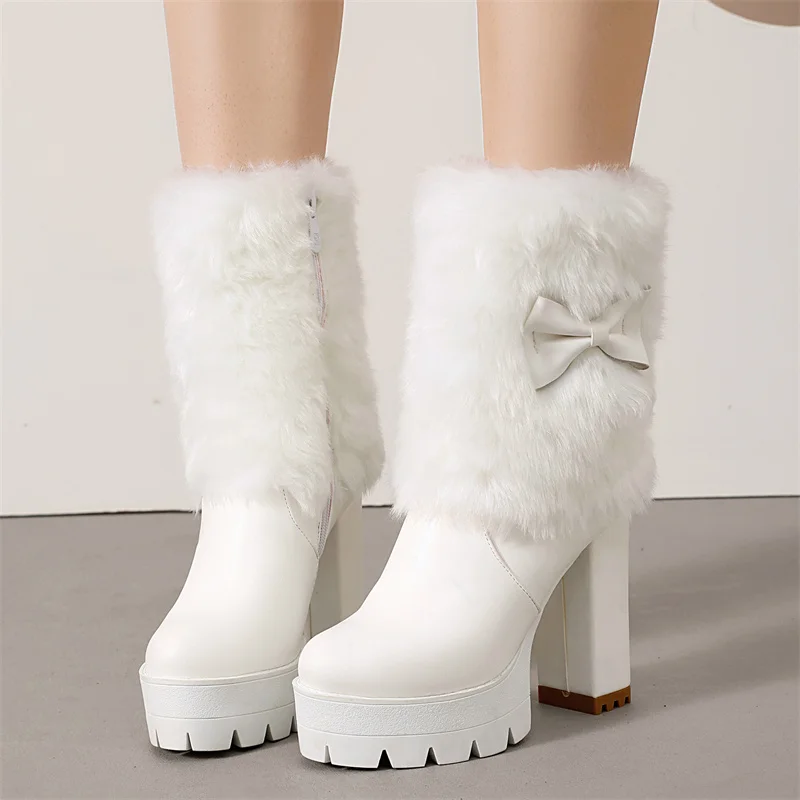 

YQBTDL 2025 милые зимние сапоги на высоком каблуке, женские студенческие ботинки в стиле Лолиты с бантом, кашемировые теплые женские туфли, милая кавайная обувь с бантом