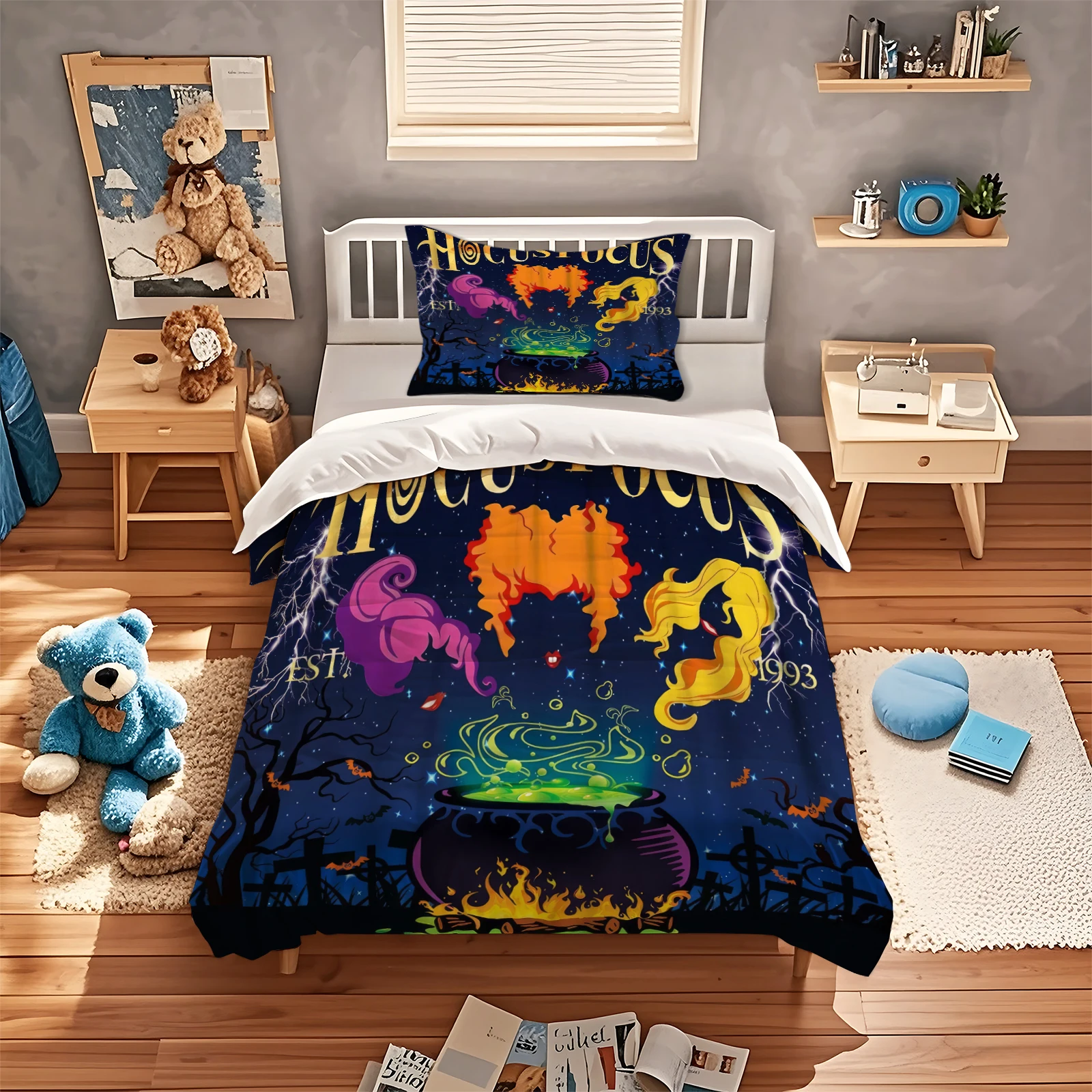 Hocus‑Pocus Witch Duvet Cover Set Halloween Sanderson Sisters Bedding Set Soft Gothic Witch Cauldron Bat Print Bedroom Decor