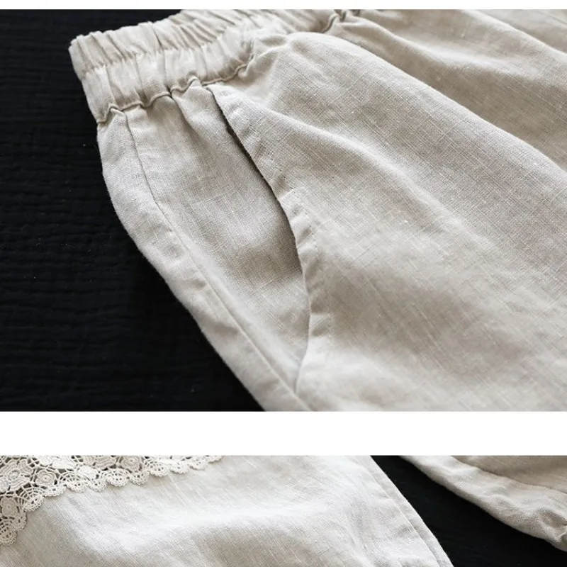 Summer Cotton and Hemp New Harlan Women's 2024 Spliced Nine Split Solid Color Lantern Lace Versatile Pure Cotton Casual Pants