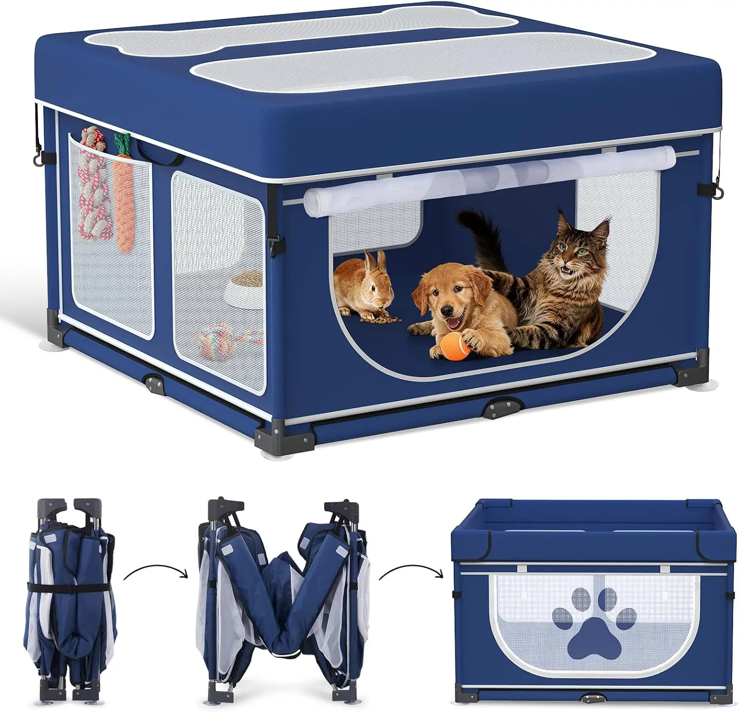 

Foldable Dog Playpen with Cover: 1 Min Setup Pet Puppy Playpen Indoor, Sturdy Reinforced Steel/Iron Frame Dog Fence, Portable Wh