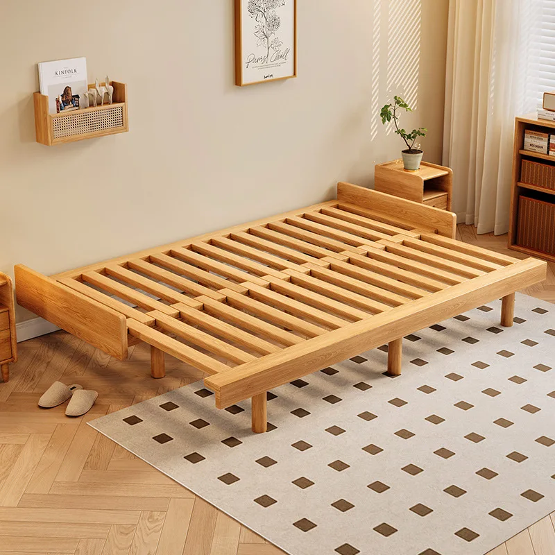 @All solid wood beech bed dual-purpose folding pull-out bed small apartment room second bedroom pull-out retractable bed