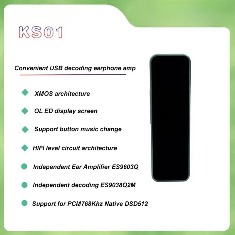New KS01 ES9603Q USB Decoding Headphone Amplifier OLED XMOS ES9038Q2M HiFi DAC PCM768khz Native DSD512