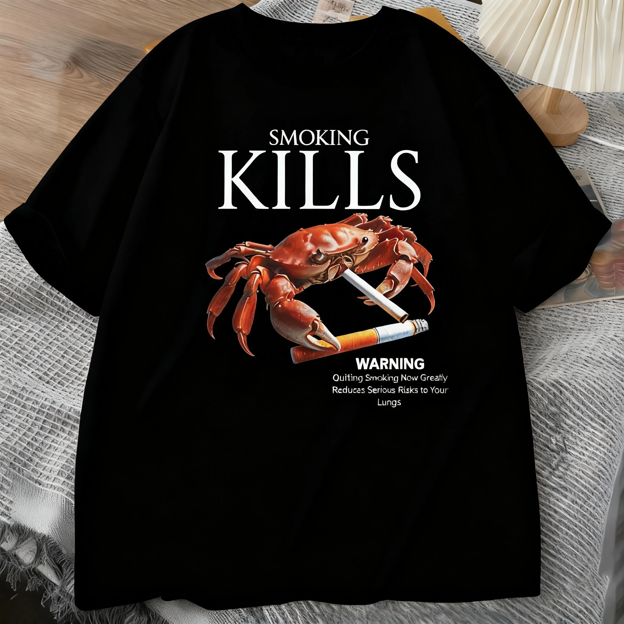 Smoking Kills Crab T Shirts Unhinged Weirdcore T-Shirt Weird Graphic Tee Harajuku Cotton Short Sleeve Tshirt Women Clothing