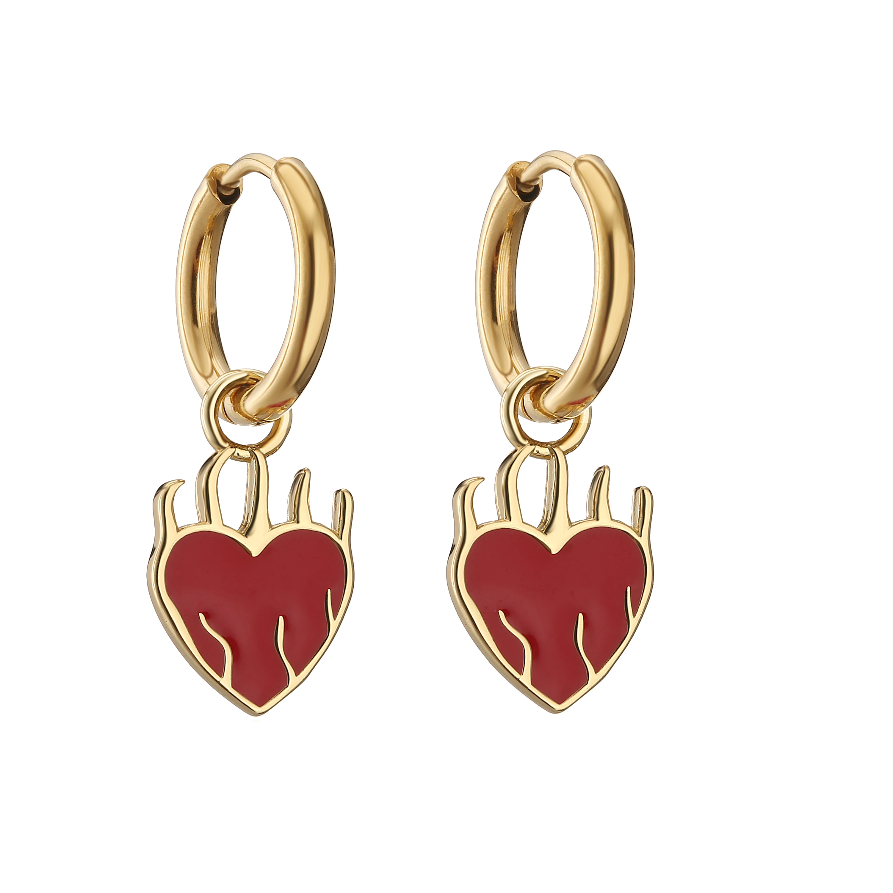 HECHENG,Stainless Steel Small Circle Huggie Hoops Hot Red Heart Pendant Charm Hoop Earrings for Women Punk Fashion Jewelry Gift
