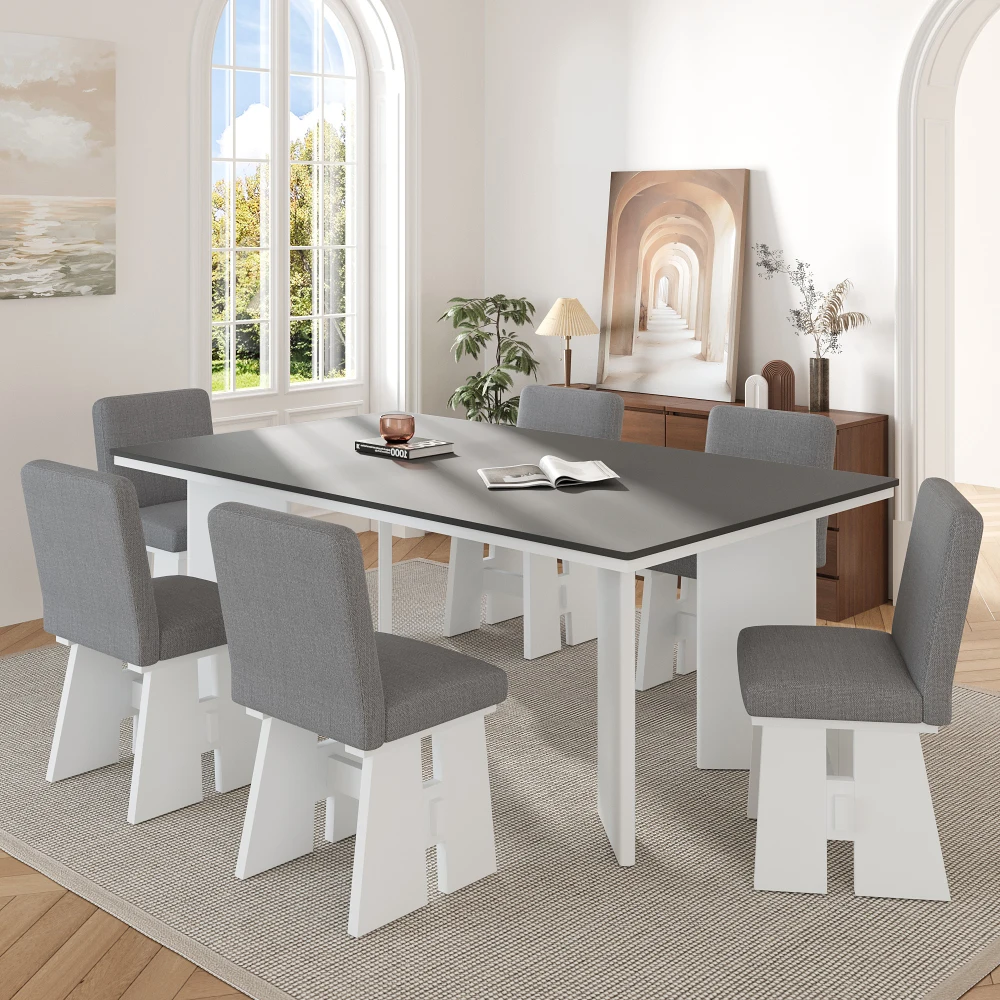 

7-Piece Solid Wood Dining Table Set with 6 Upholstered Chairs, Space-Saving Design for Kitchen, 63.4'' Table, Easy Assembly
