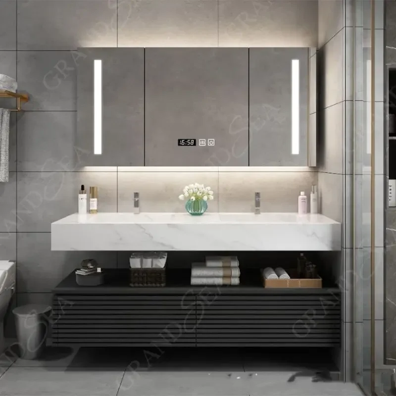 

72 Inch White Oak Wood New Modern Design Double Sink Floating Bathroom Vanity Cabinet With Led Mirror