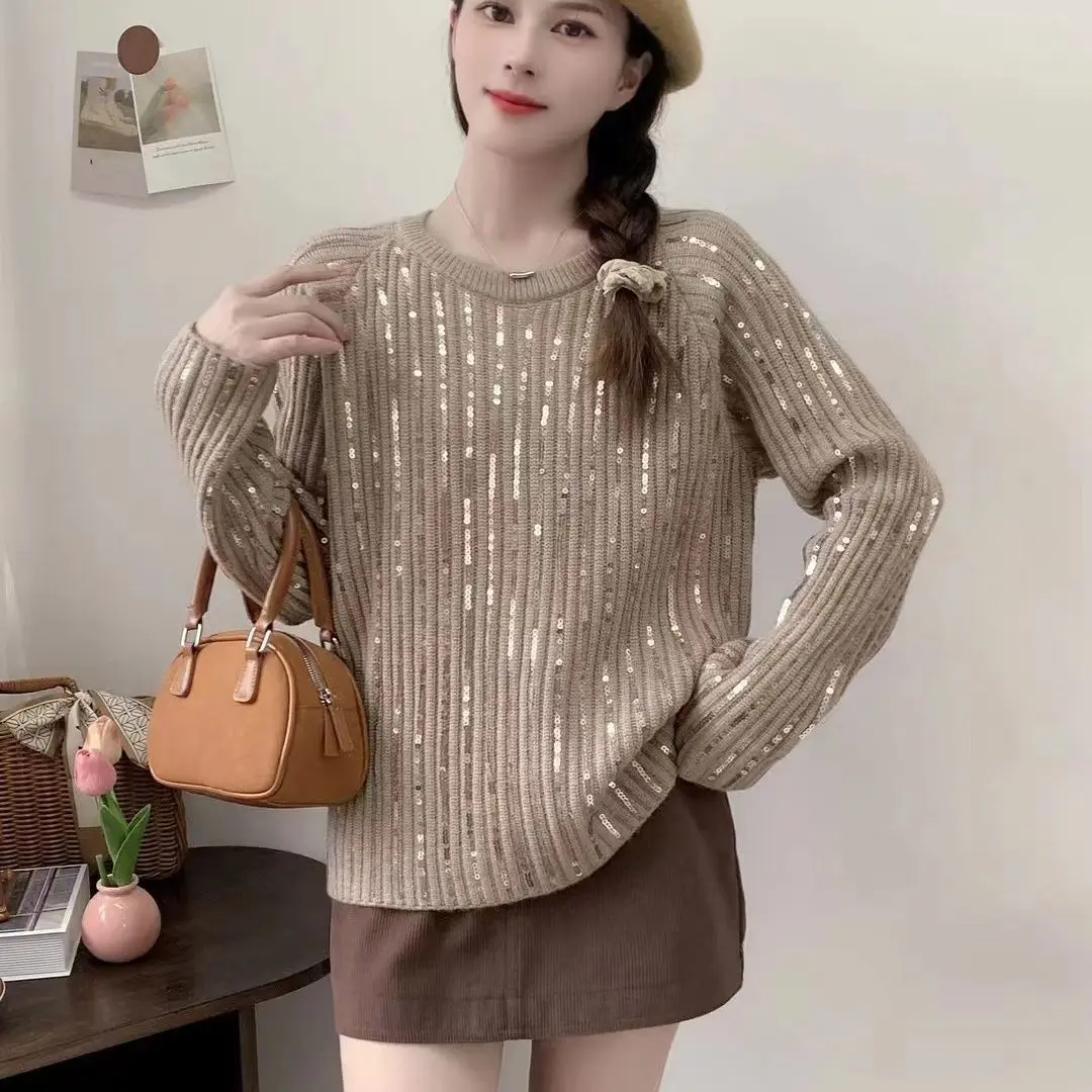 Women's Sweater Autumn Winter Sparkle Sequined Casual Fashion Cotton Lady Sweaters Knitted Pullover Top Pull Femme Sweater NZ284
