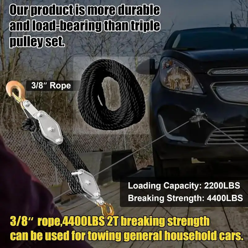 Block And Tackle 3/8 Rope Hoist With 5:1 Lifting Power Multifunctional Heavy Duty Pulley System With 2200 Lbs Breaking Strength