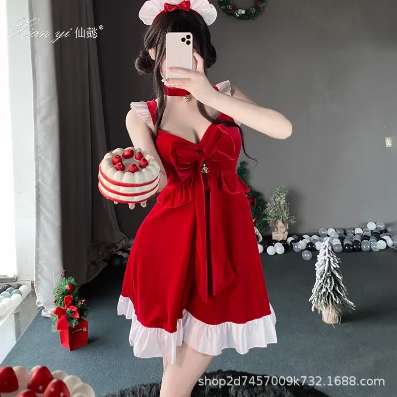 Winter Bow Princess Red Velvet Dress Cute Sweet Christmas Cosplay Maid Outfit Women Santa Claus Lolita Maid Uniform Fancy Dress