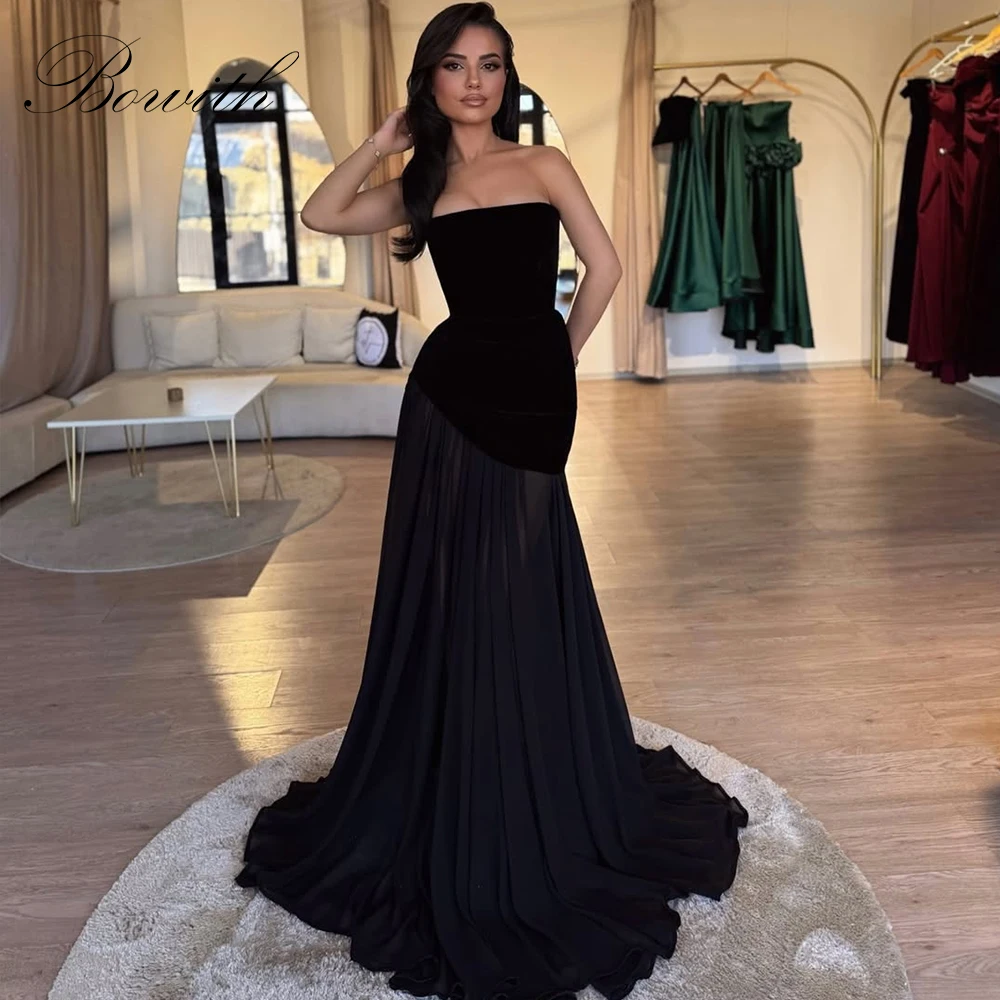 

Bowith Black Evening Dresses 2025 Elegant Strapless Customized Long Prom Dresses A-Line Draped Patchwork Party Dresses