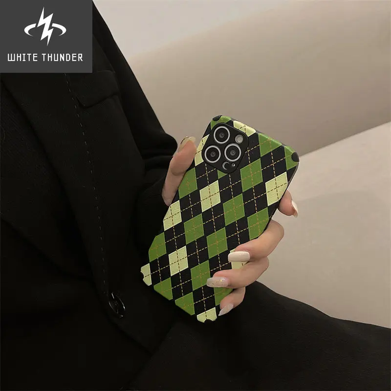 For iphone 11 12 13 Mini Pro Max XS XR SE 8 7 Plus Phone Case Dermatoglyph Vintage Green Rhombus Camouflage Anti-Fall Cover