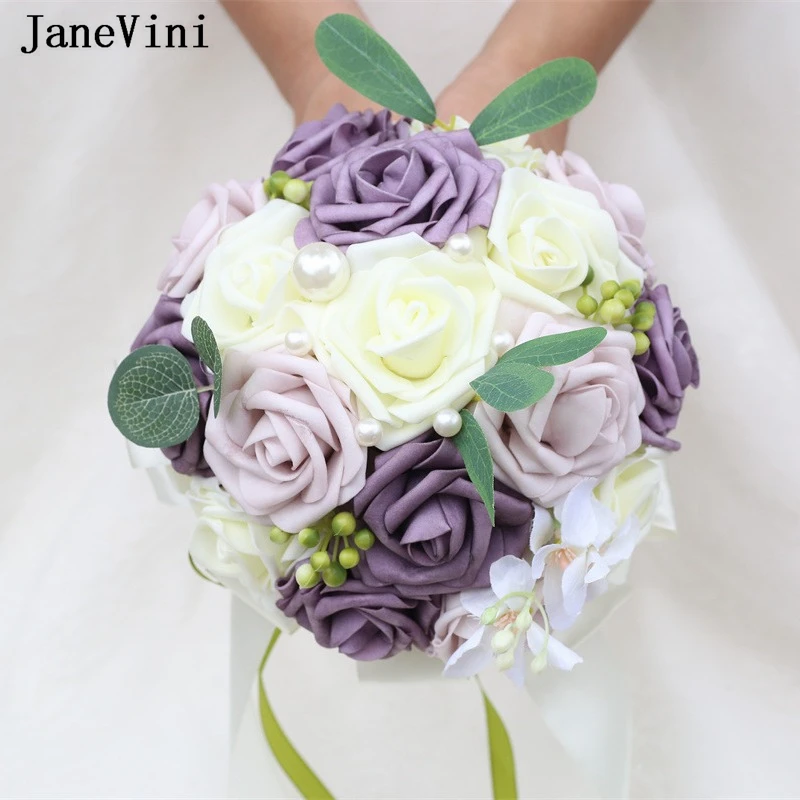 Janevini hochzeit zubehör schaum pe rosen hochzeits strauß künstlicher blauer und weißer braut strauß perlrosa lila braut blumen