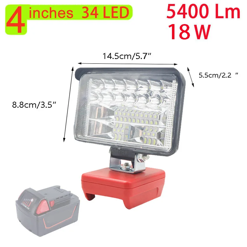 Lampe de travail extérieure à batterie au lithium, lampe de poche LED, budgétaire, lampe de travail de voiture, adaptée à Milwaukee M18, batterie 18V