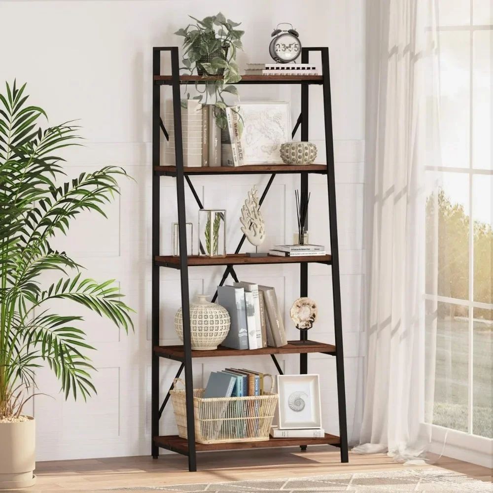 Industrial 5-story ladder bookshelf, wood and metal ladder frame bookshelf, farmhouse living room inclined shelf (vintage oak)