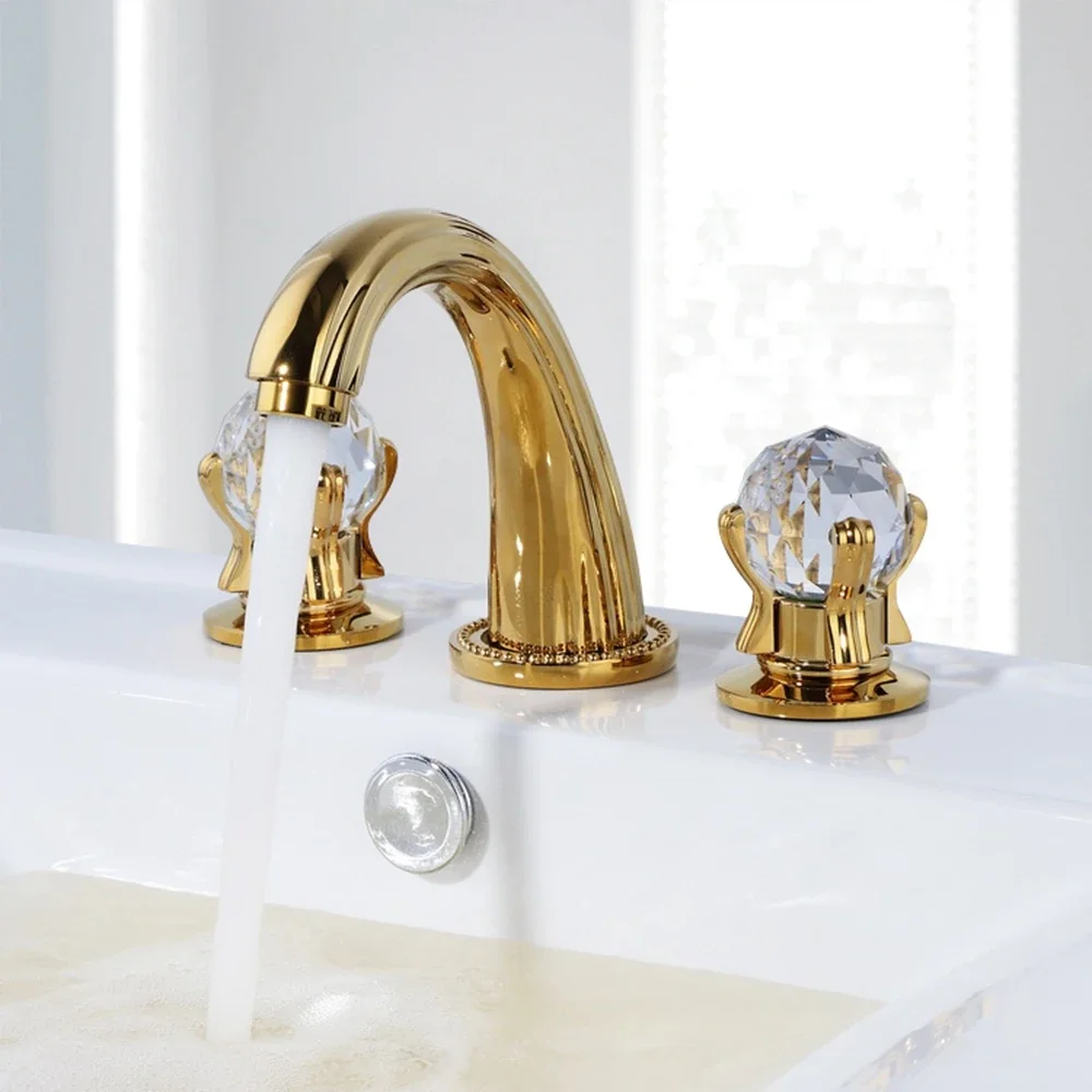 Classic Style Gold Basin Taps 3 Hole Wash Basin Mixer Tap Bathroom Tapware With Crystal Handles MLFALLS