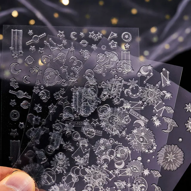 6 sztuk zestaw srebrne paznokcie gwiazdy księżyc planeta konstelacja naklejki na paznokcie do zdobienia paznokci 3D samoprzylepne brązujące naklejki na paznokcie naklejki