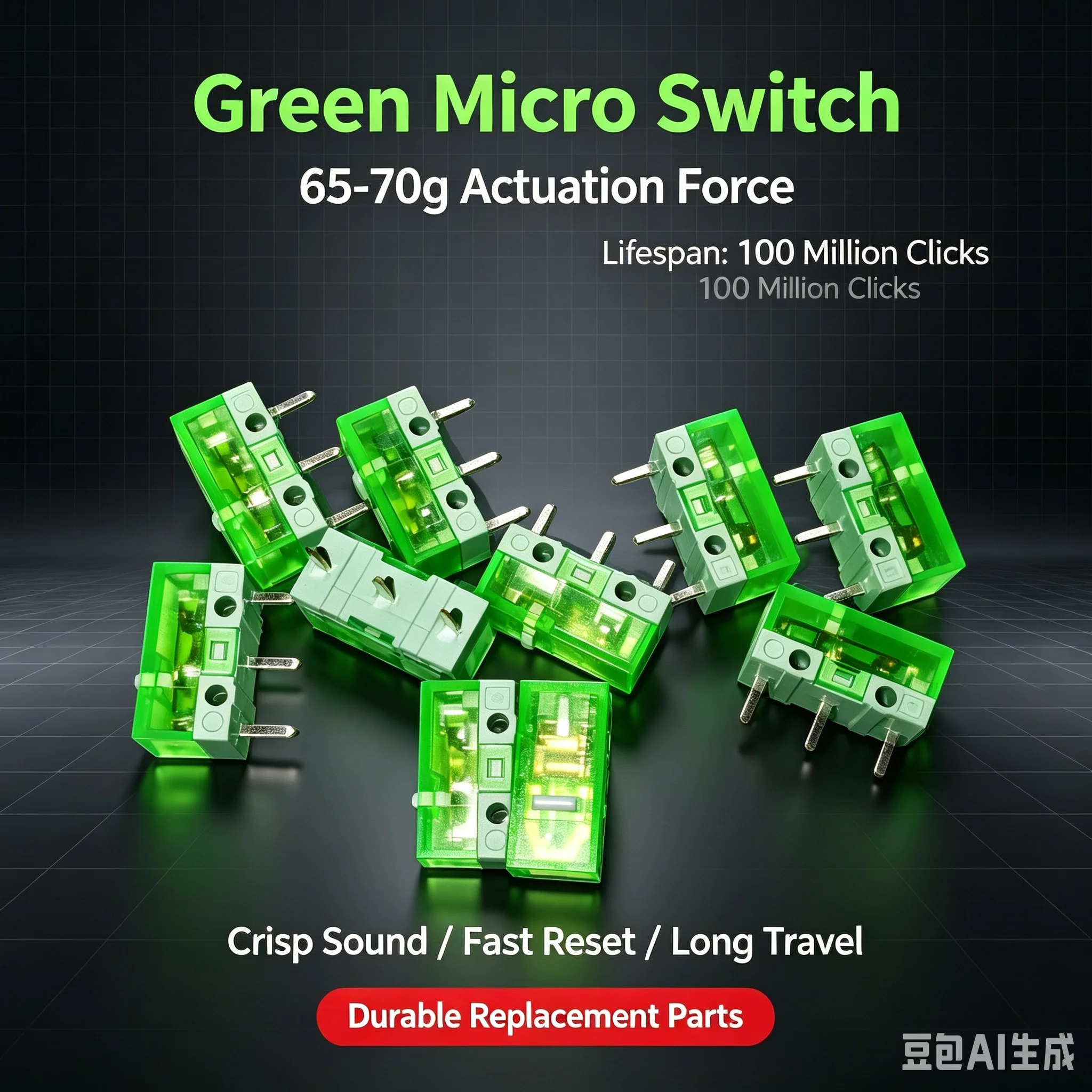 HUANO Green Micro Switch 3-Pin Rectangular Mouse Button Replacement, 100 Million Clicks Long Life, Universal for Gaming Mice