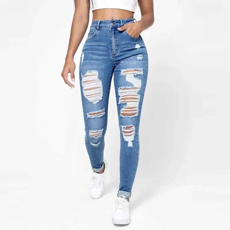 CPSYMYM Ripped Holes Casual Skinny Jeans Autumn, Slash Pockets Distressed Single-Breasted Button Mid Waist Denim Pants