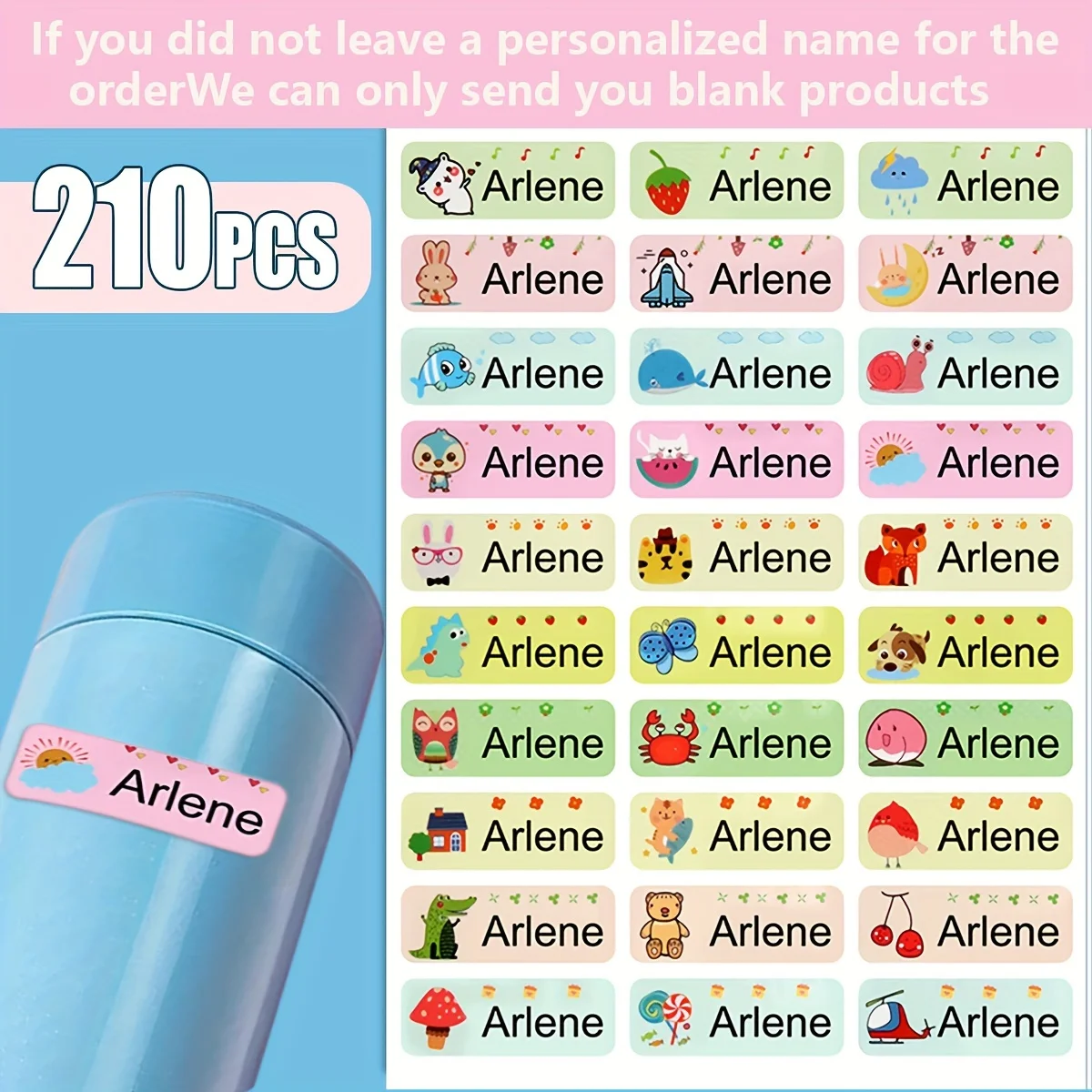 60/150pcs Customized Name Sticker, Personalized Label Name Sticker, Waterproof Cartoon Pattern Sticker for Water Cup Stationery.