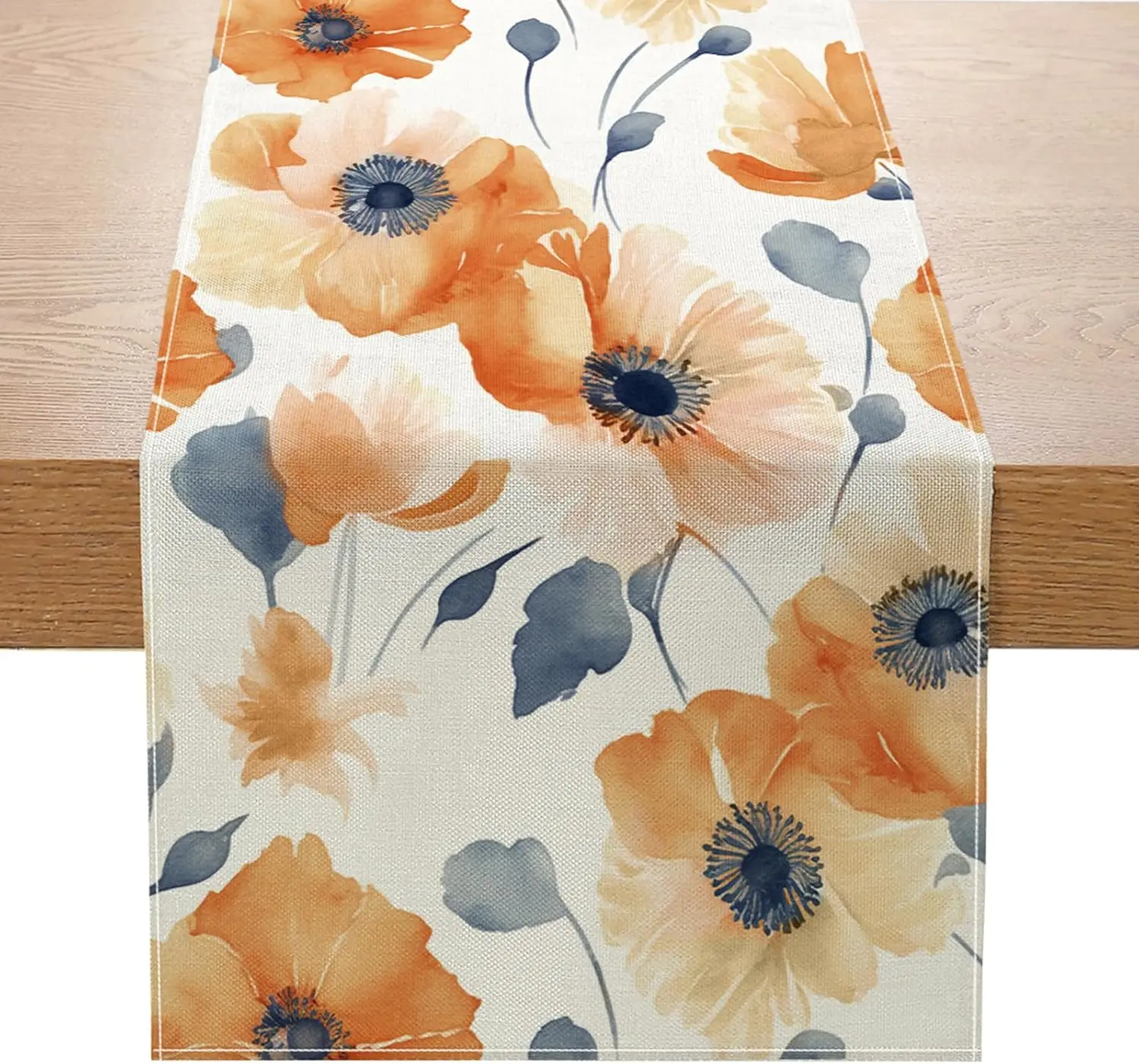 Orange Floral Fall Table Runner - 1PC Poppy Flower Seasonal Autumn Indoor Outdoor Kitchen Dining Table Cover