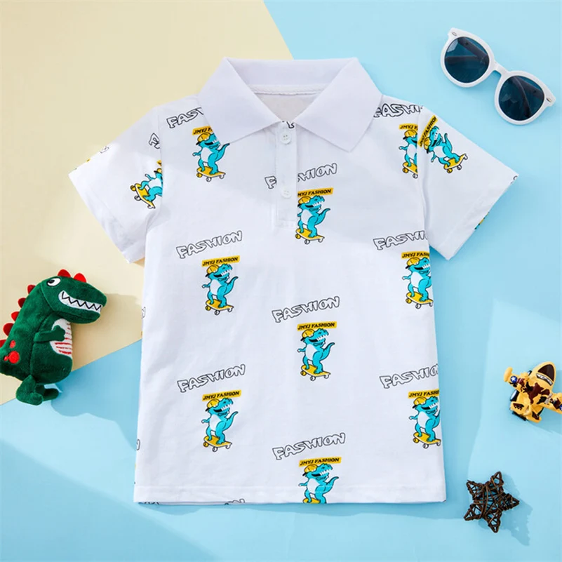 Summer Boys 2024 Korean Edition Fashionable and Breathable Cartoon Flipped Skateboard Dinosaur/POLO Shirt/2-7 Years Old