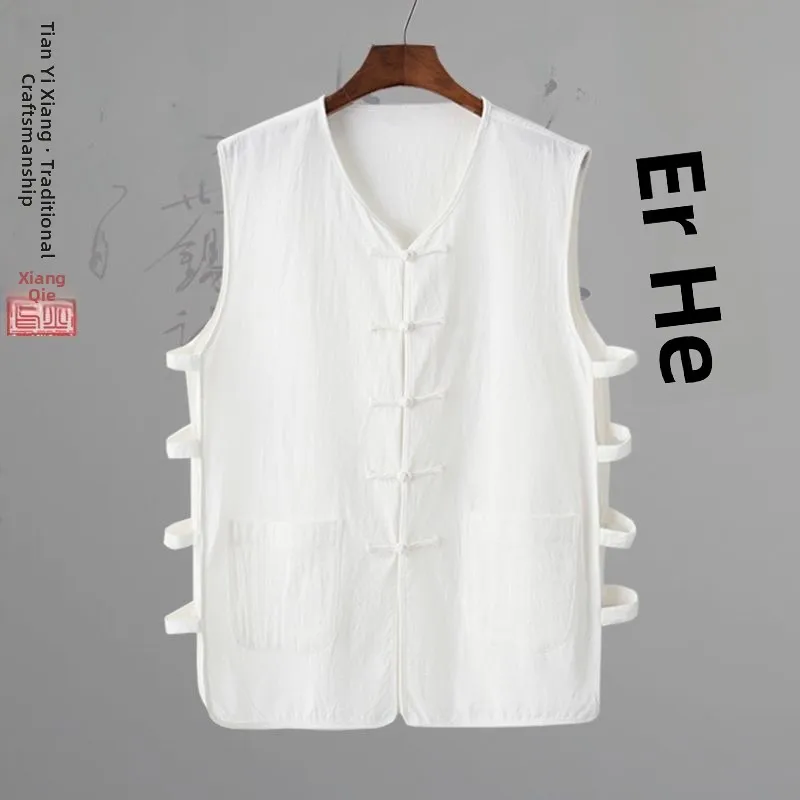 

Retro Chinese Style Men's Vest with Button Design Traditional Tang Costume Performance Shirt Ancient Shoulder Pad Cotton Line...