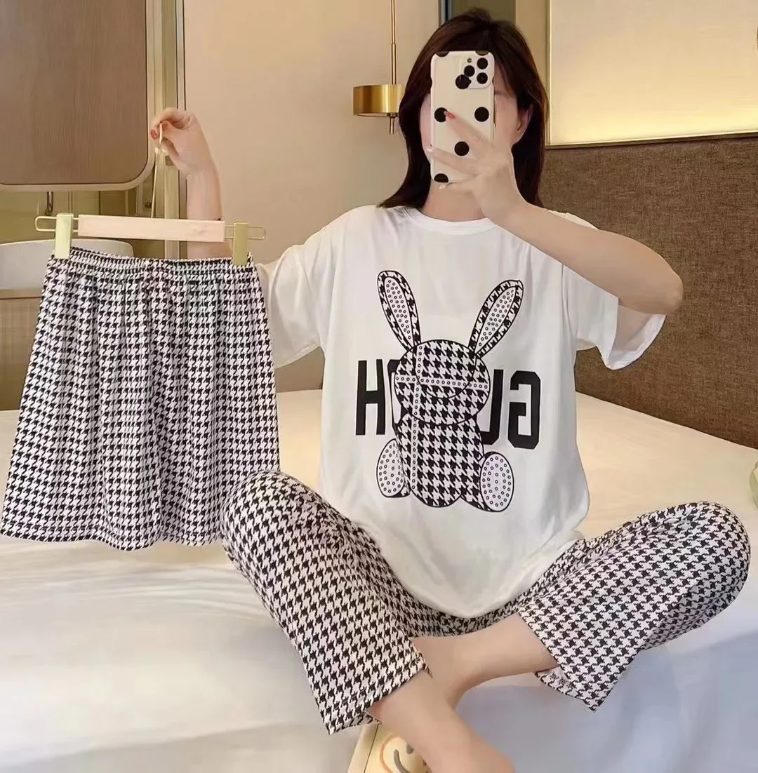 Women\'s New Pajamas Three-Piece Female Summer Short-Sleeved Loose Korean Version Of The Students Large Size Home Wear Pajamas