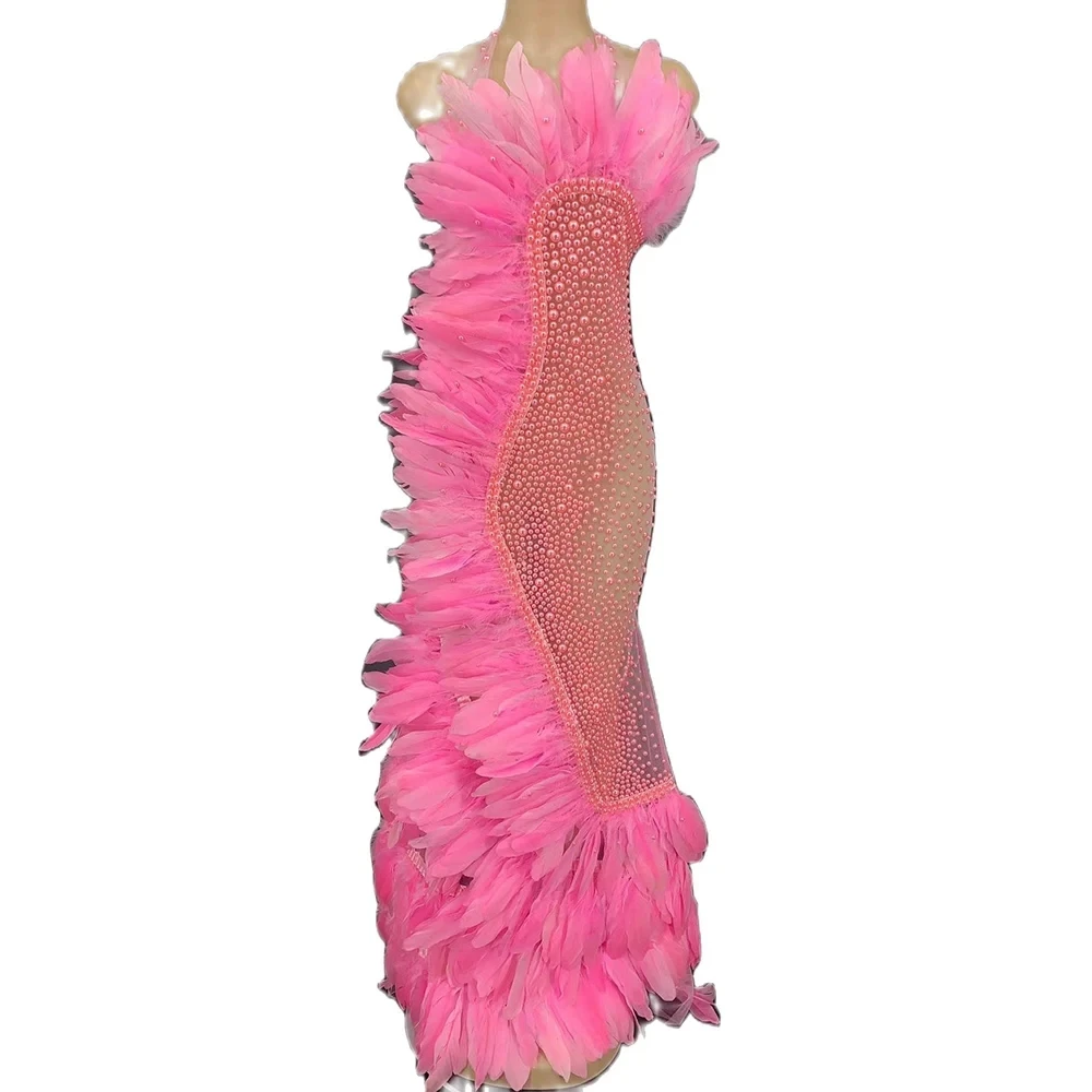 Vestido de sirena sin mangas con diamantes para mujer, traje de fiesta de cumpleaños, longitud hasta el suelo, perspectiva de gasa de plumas, ropa de club nocturno