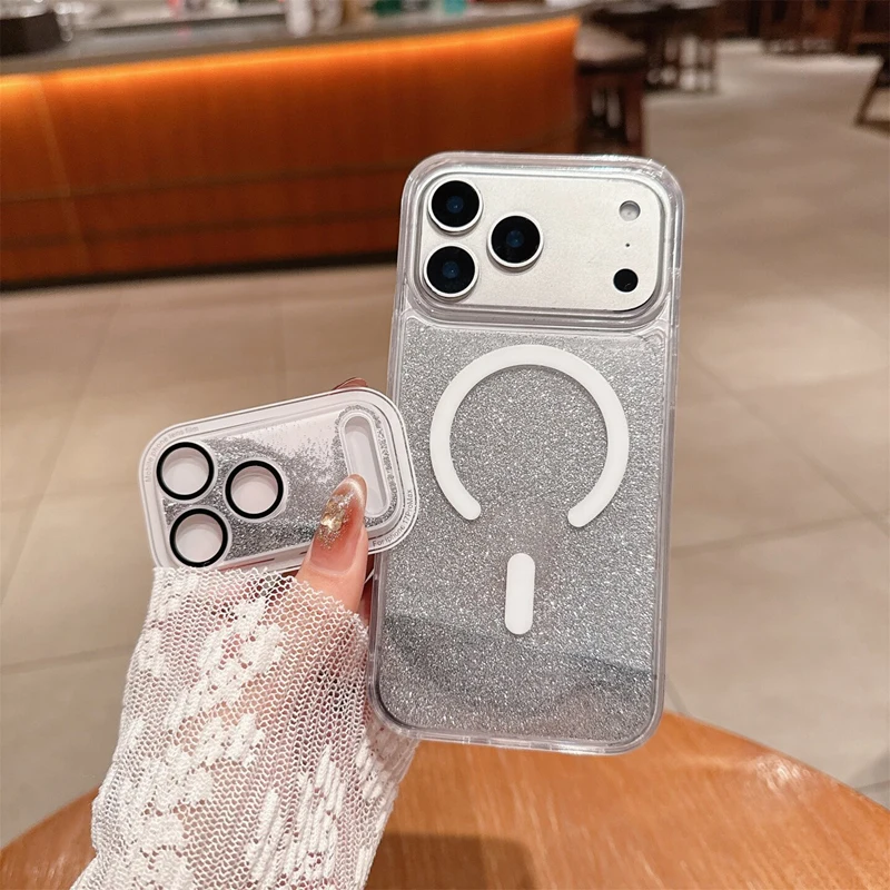 Magnetische Flüssigkeits-Quicksand-Linsenfolie Handyhülle für iPhone 17 18 Pro Max für MagSafe Trendige Sturzsichere Glitzer-Schutzhülle – Detail 4