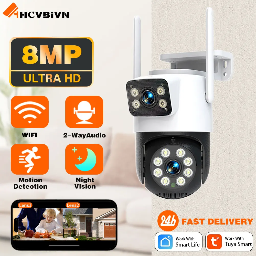 

Wifi Surveillance Cameras 8MP Waterproof Outdoor Wireless Security Camera Dual Lens Security-Protection Tuya IP Camera AI Track