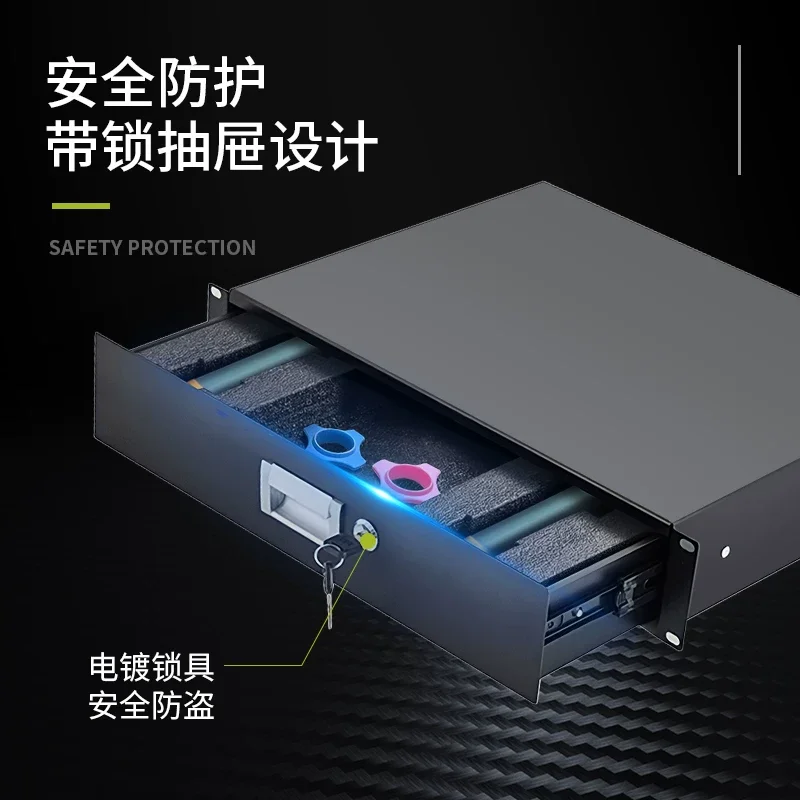 19 Inch 2U Metal Rack Mount Drawer With Lock & Strap, Wireless Microphone Storage Drawer, Protective Cotton Lining Flight Case