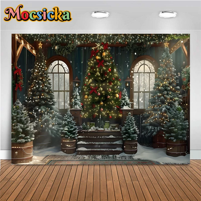 ฉากหลังต้นคริสต์มาสขนาดใหญ่สำหรับการถ่ายภาพโคมไฟบ้านกระท่อมไม้หิมะสีเขียวสำหรับตกแต่งพื้นหลังชอบถ่ายภาพสตูดิโอถ่ายภาพ