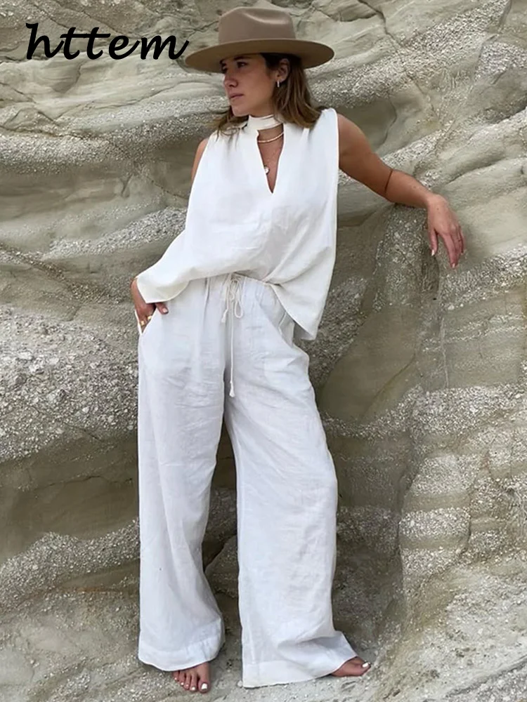 

Elegant Cotton Linen Pants Set Women Loose Deep V-neck Sleeveless Vest Lace Up Wide Leg Pant 2025 Summer Lady Vacation Outfits